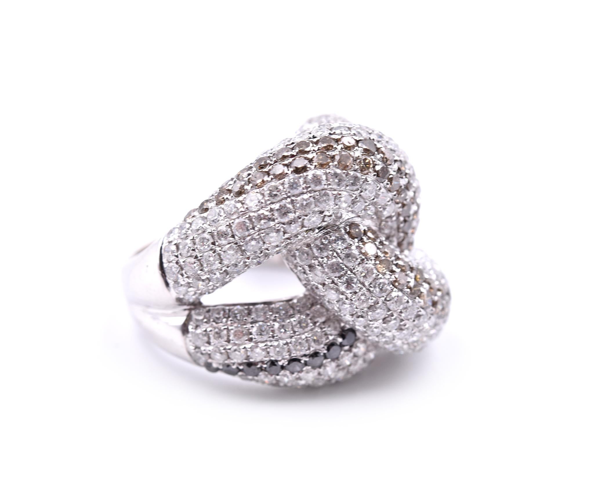 Designer: custom design
Material: 18k White Gold
Diamonds:  diamonds= 4.90cttw
Color: G-H	
Clarity: SI1
Ring size: 6 ¾ (please allow two additional shipping days for sizing requests) 
Dimensions: band is 20.75mm 
Weight: 14.98 grams
