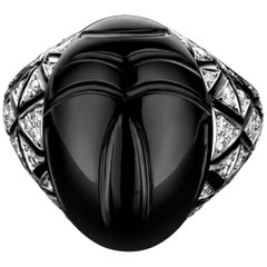 18 Karat White Gold, White Diamond and Black Enamel Scarab Ring