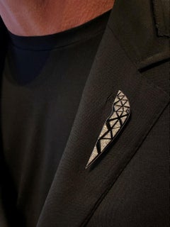 18 Karat White Gold, White Diamond and Black Enamel Sphinx Brooche