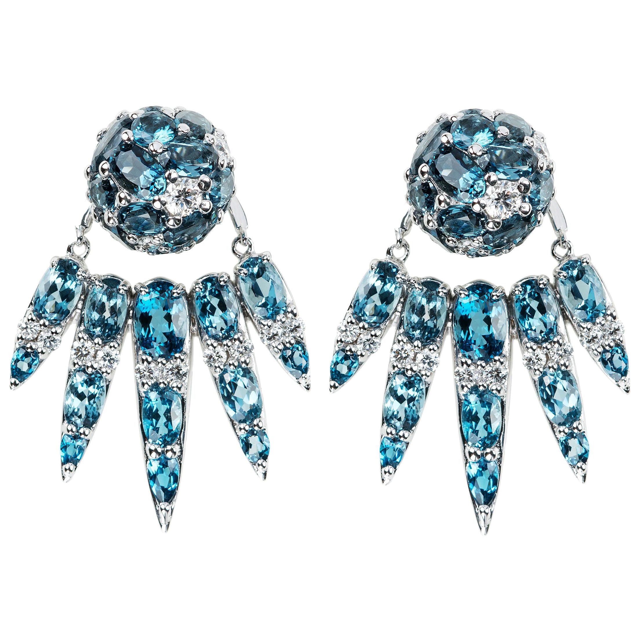 18 Karat White Gold White Diamond and Blue Topaz Jacket Earrings For Sale