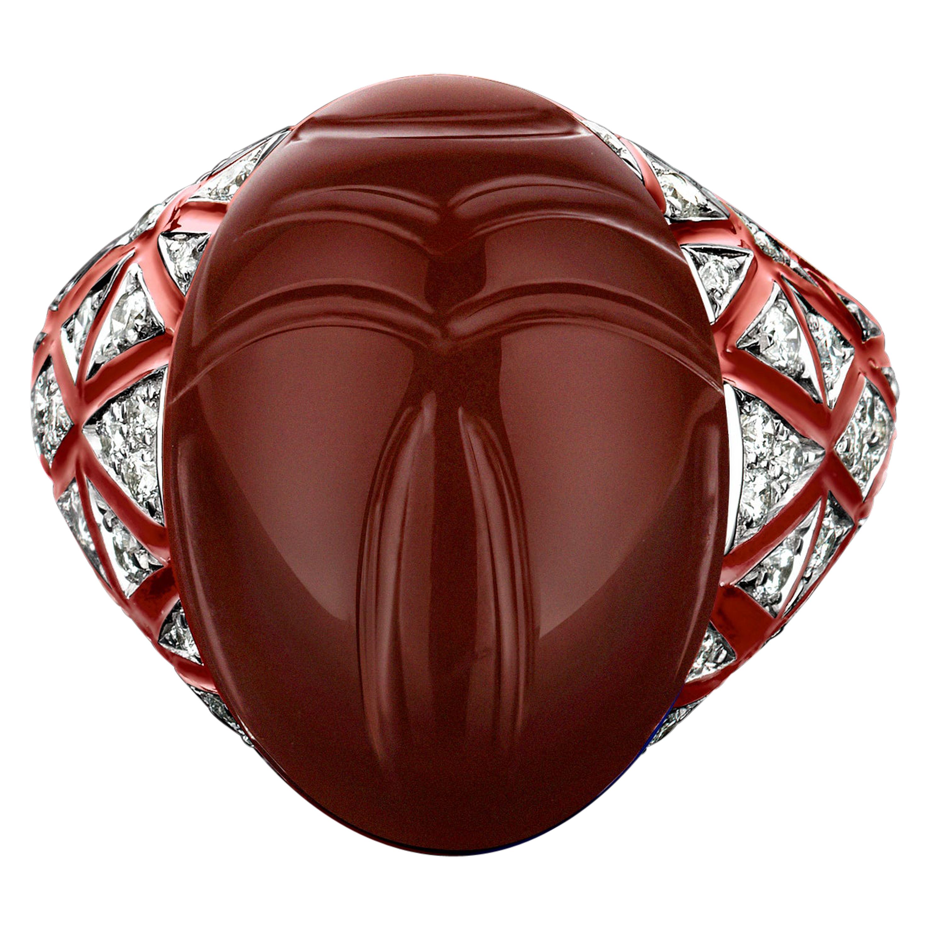 18 Karat White Gold, White Diamond and Jasper Scarab Ring For Sale