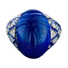 18 Karat White Gold, White Diamond and Lapis Scarab Ring