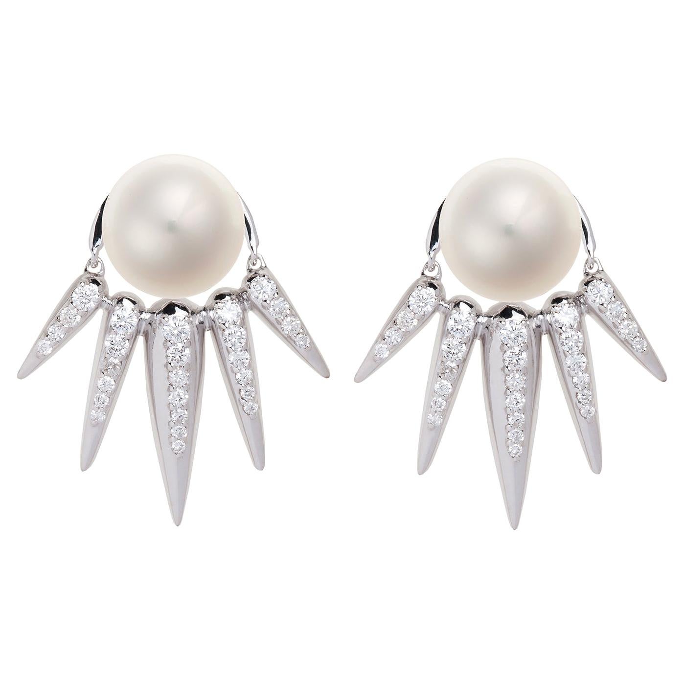 Nikos Koulis 18 Karat White Gold White Diamond and Pearls Jacket Earrings For Sale