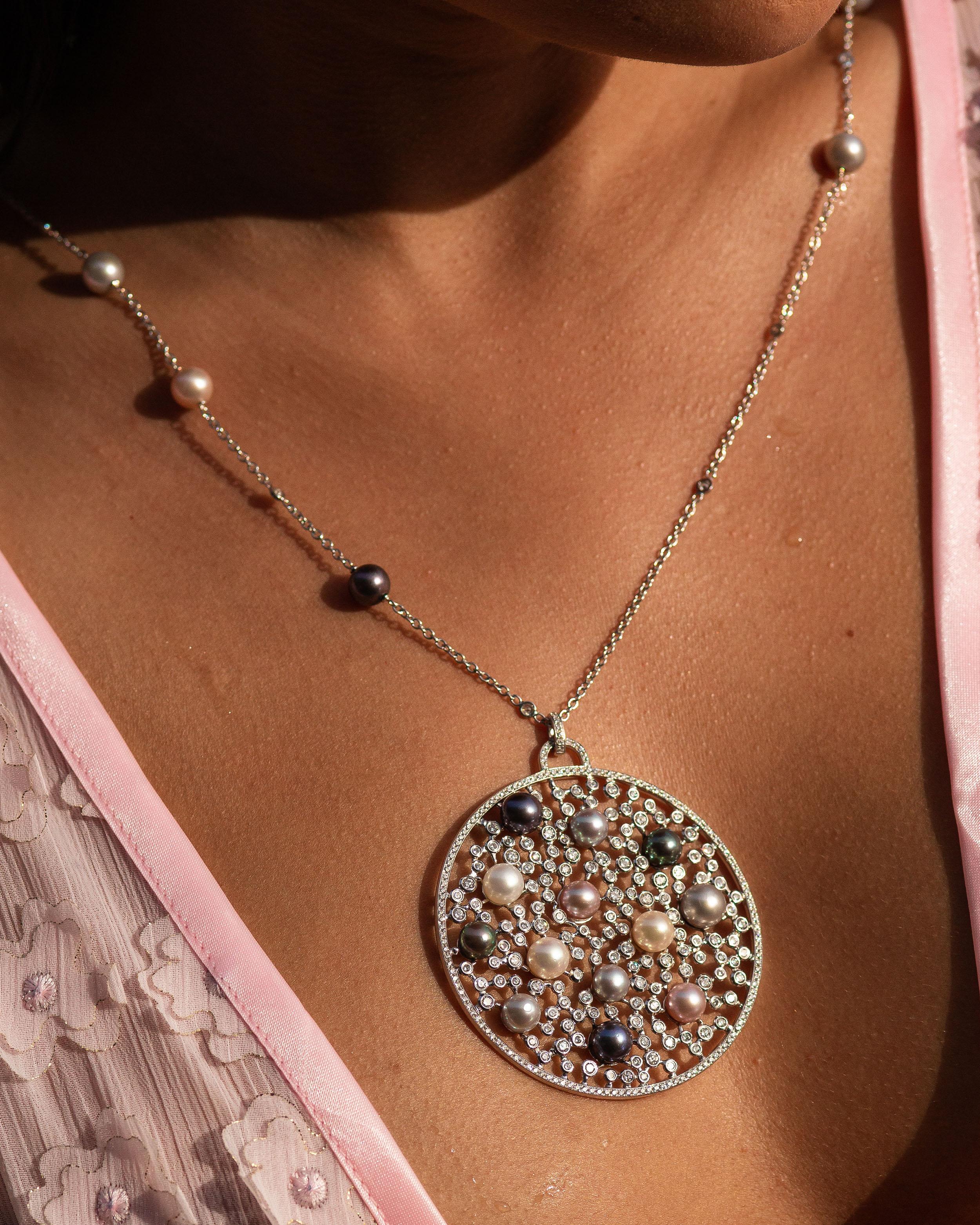 18K white gold pendant is from our Sirène collection. This absolutely stunning pendant is created from natural white diamonds in total of 5.13 Carat and multi coloured Australian pearls in total of 70.30 Carat.  Total metal weight is 29.70 gr . The