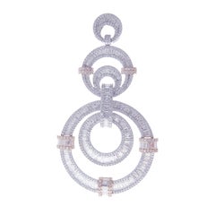 18 Karat White Gold White Diamond Circle Baguette Dangling Earring