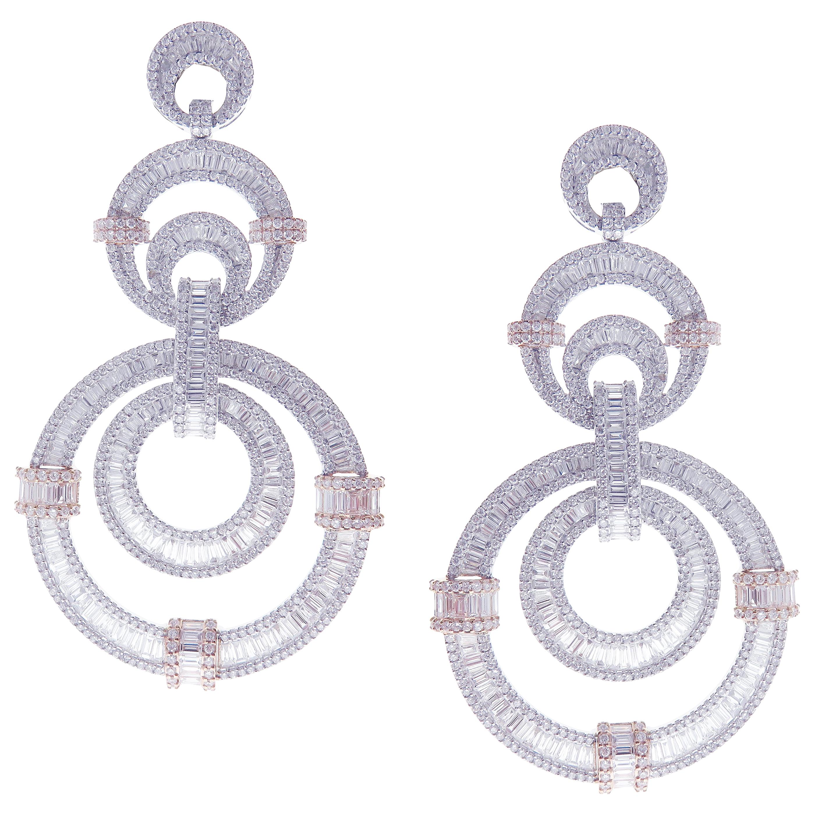18 Karat White Gold White Diamond Circle Baguette Dangling Earring For Sale