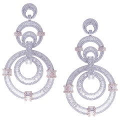 18 Karat White Gold White Diamond Circle Baguette Dangling Earring