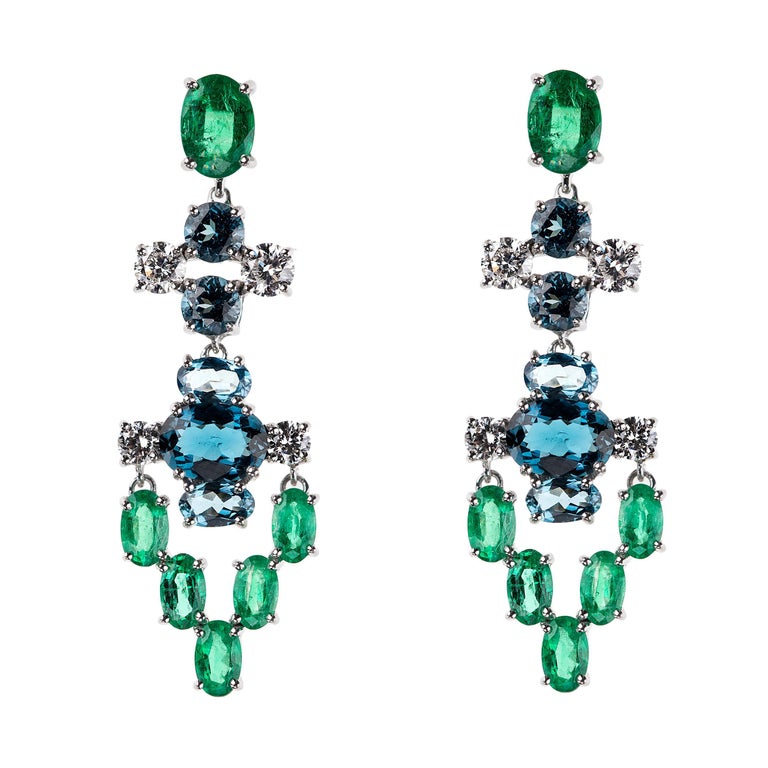 18 Karat White Gold White Diamond Emerald Blue Topaz Earrings For Sale ...