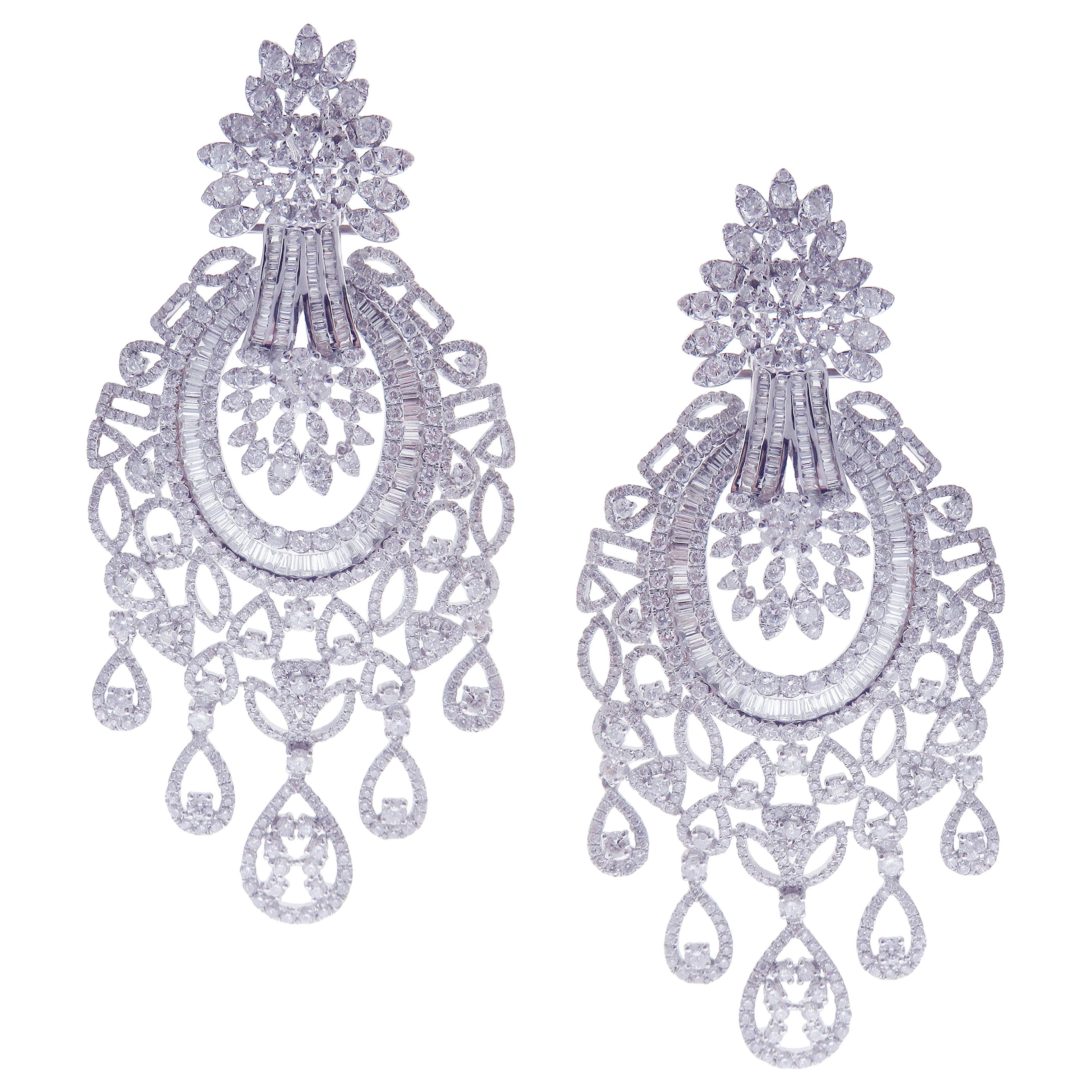 Three Row Diamond Gold Dangle Earrings For Sale at 1stDibs