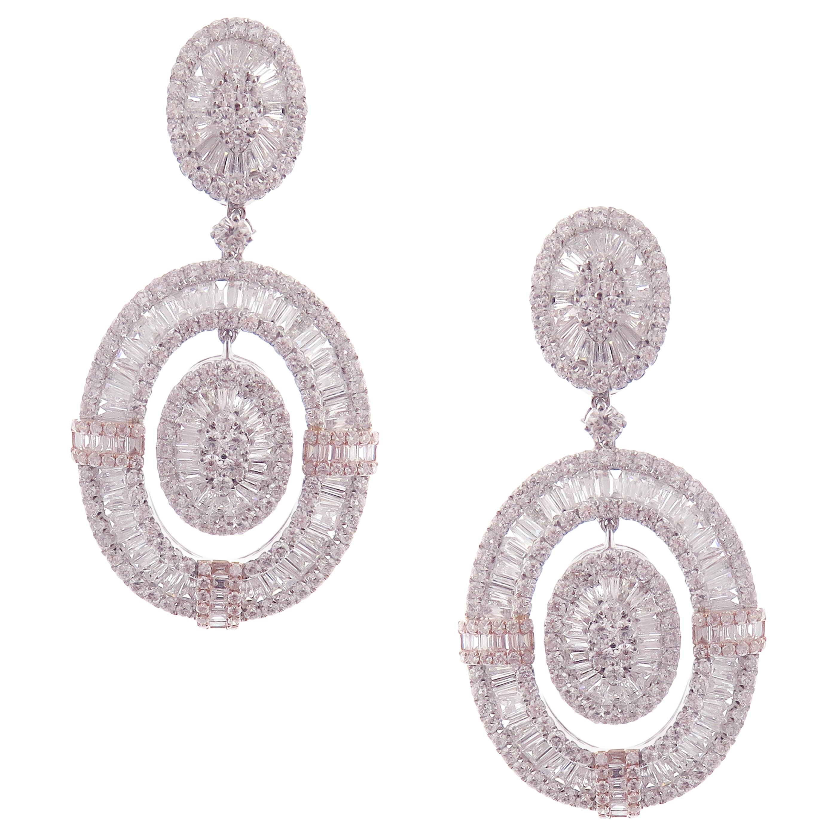 18 Karat White Gold White Diamond Modern Oval Baguette Dangling Earring For Sale