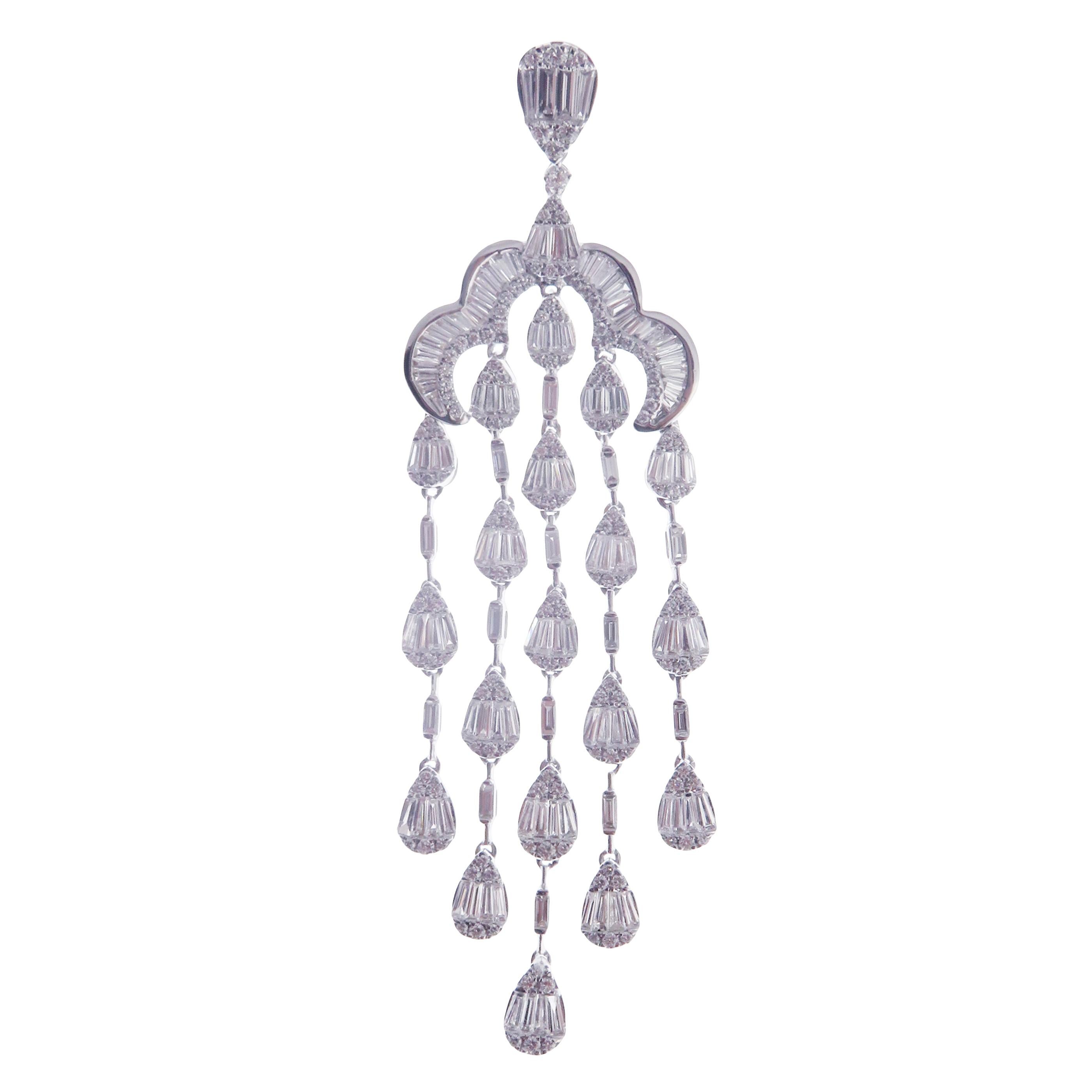 These pear chandelier earrings are crafted in 18-karat white gold, weighing approximately 10.20 total carats of SI-V Quality white diamond. French Clip backing. 

Our Ballroom Chandelier Collection feature earrings for those with bold/classy