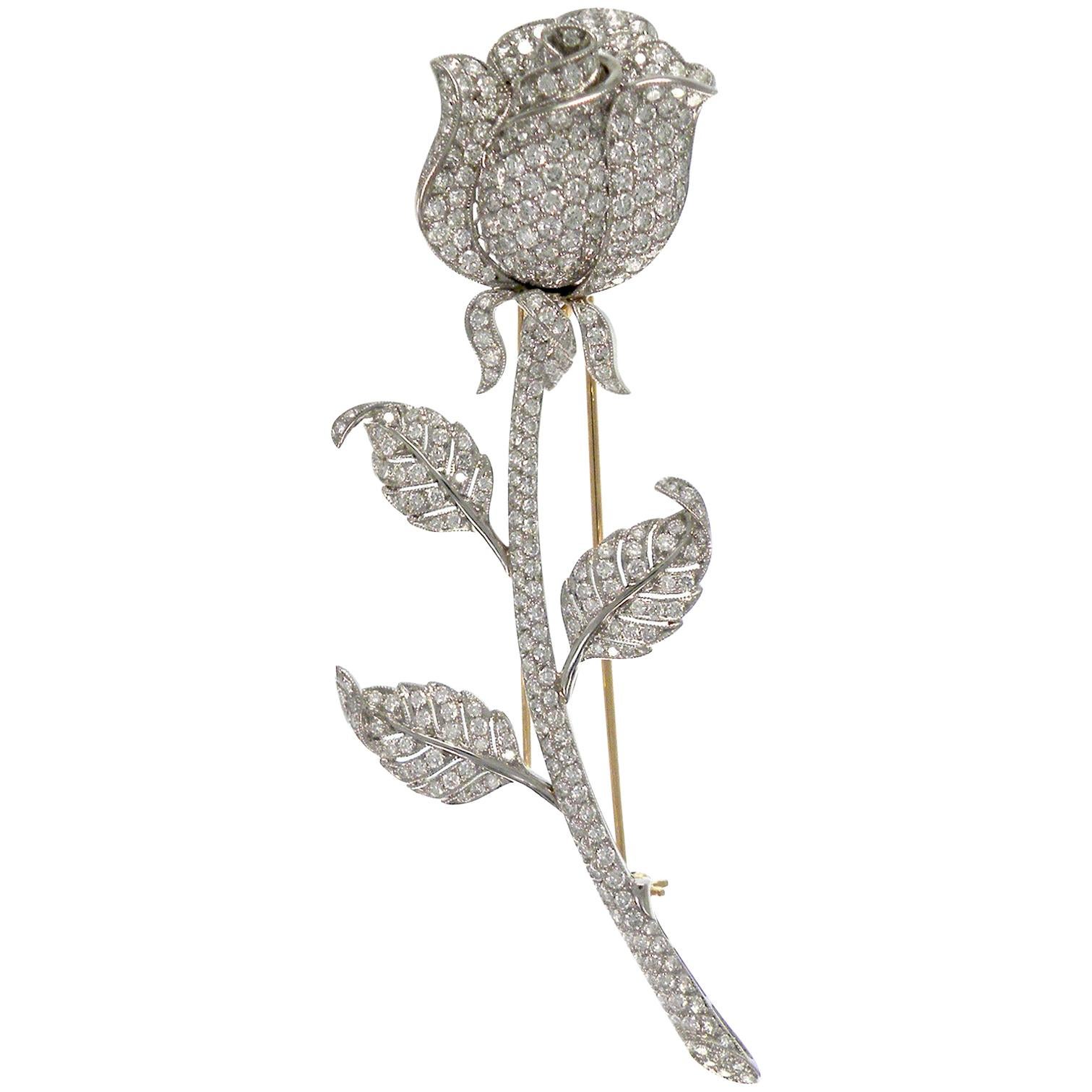 18 Karat White Gold White Diamond Rose Brooch For Sale