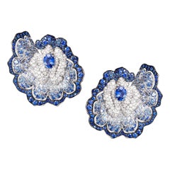 18 Karat White Gold, White Diamonds and Blue Sapphires Earrings