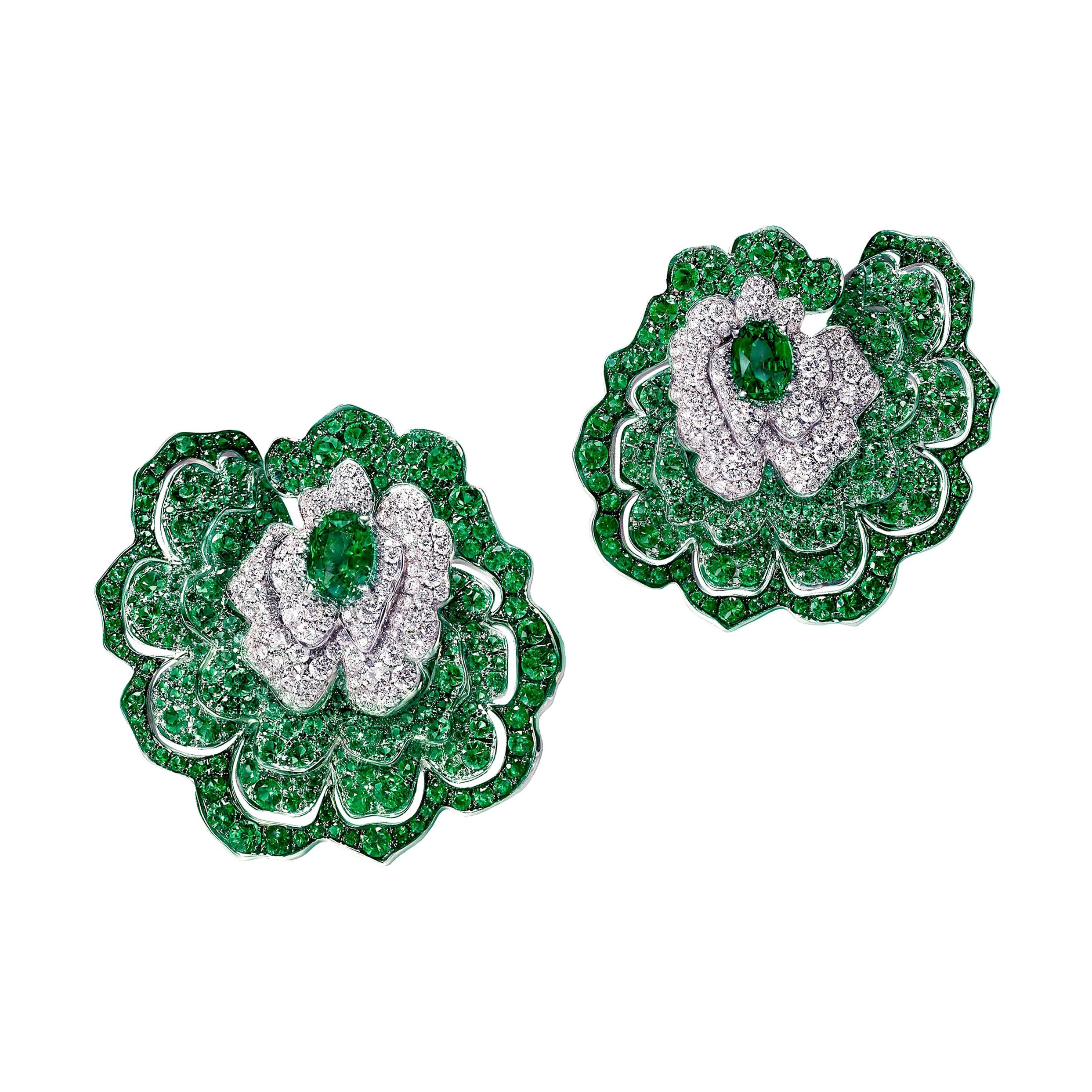 PANTHERE DIAMOND ONYX GREEN EMERAL SILVER EARRINGS