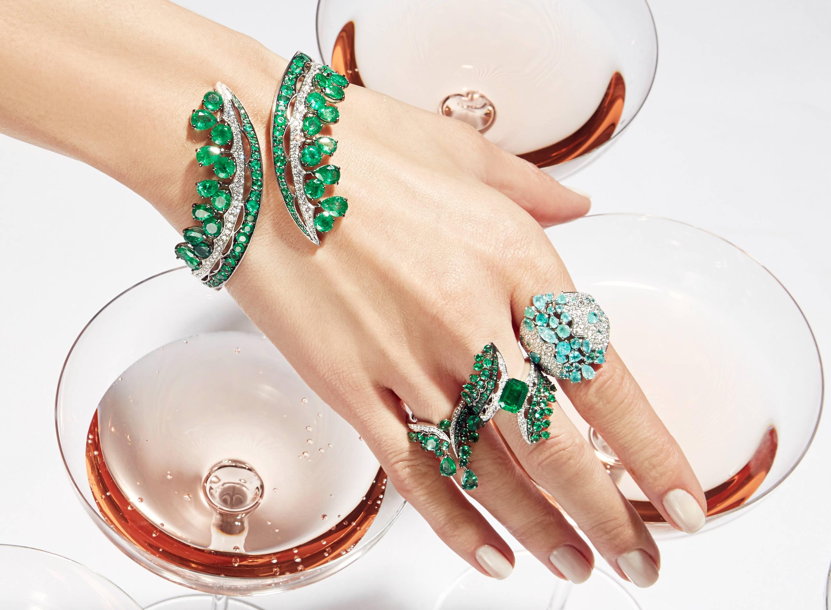 Women's 18 Karat White Gold, White Diamonds and Ethically Sourced Emeralds Bracelet
