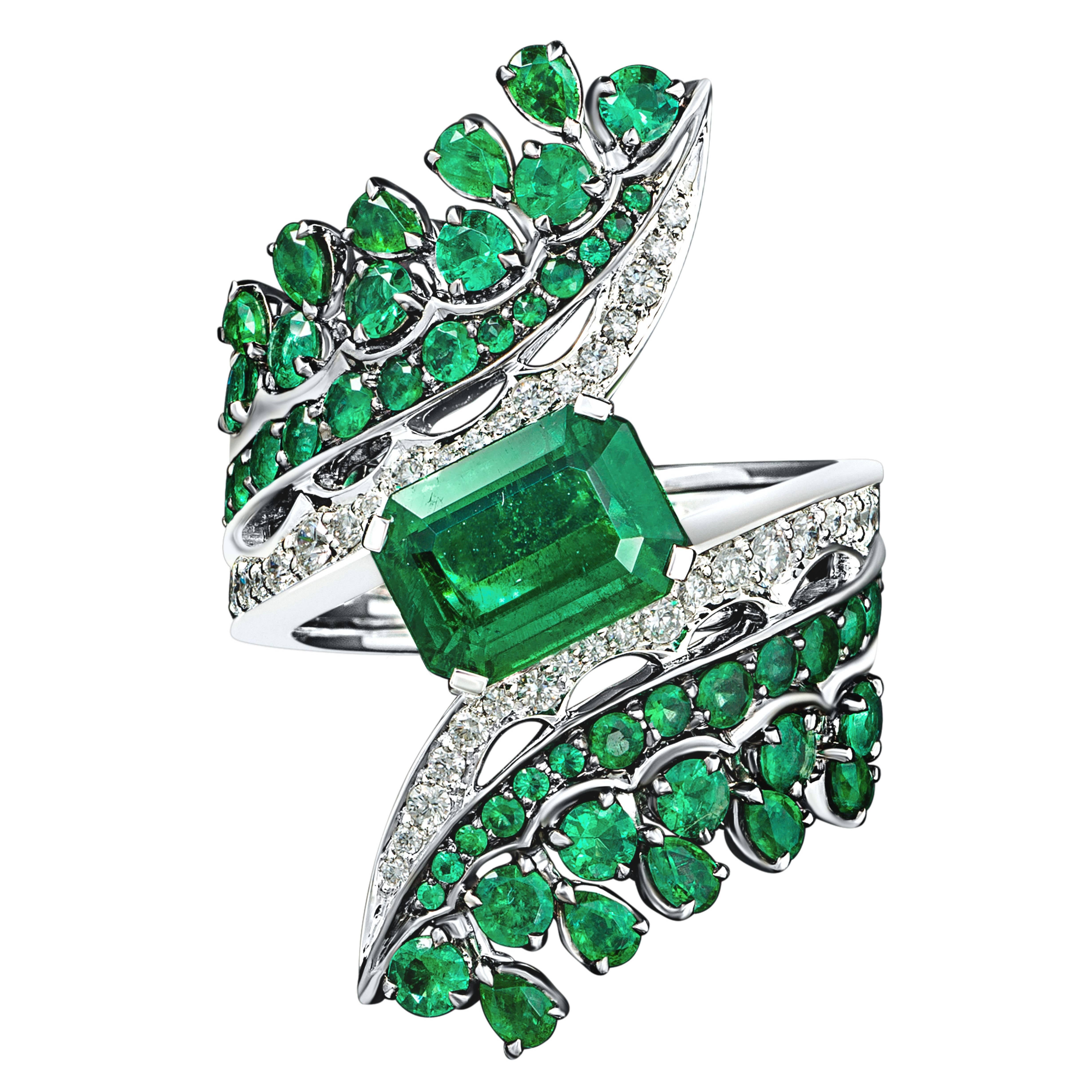 Contemporary 18 Karat White Gold, White Diamonds and Ethically Sourced Emeralds Cocktail Ring