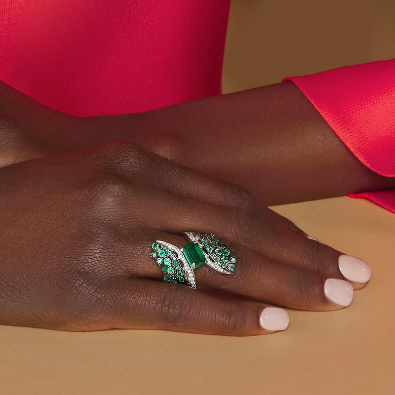 Women's or Men's 18 Karat White Gold, White Diamonds and Ethically Sourced Emeralds Cocktail Ring