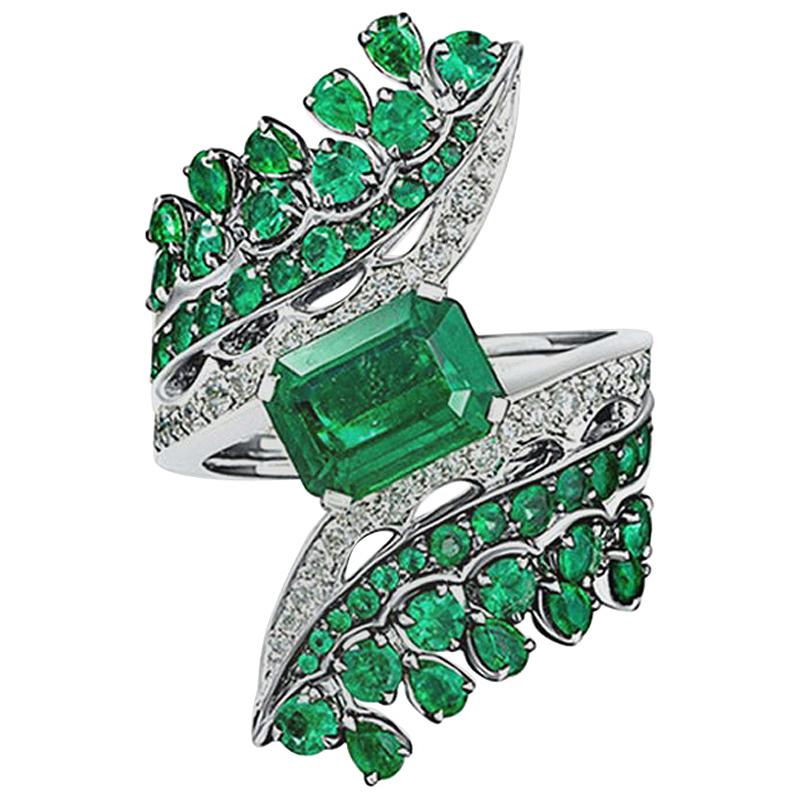 18 Karat White Gold, White Diamonds and Ethically Sourced Emeralds Cocktail Ring