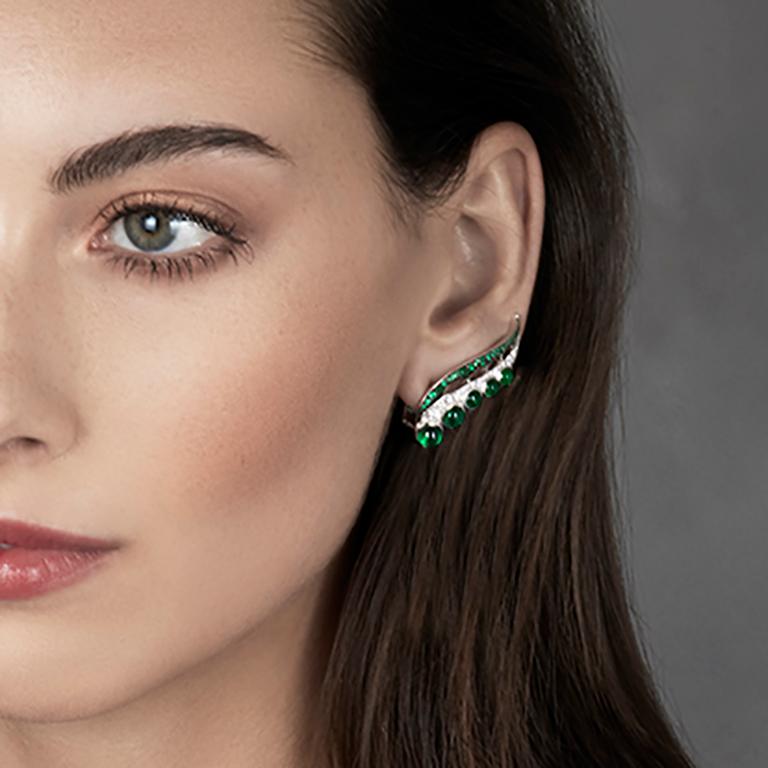 Contemporary 18 Karat White Gold, White Diamonds and Ethically Sourced Emeralds Earrings