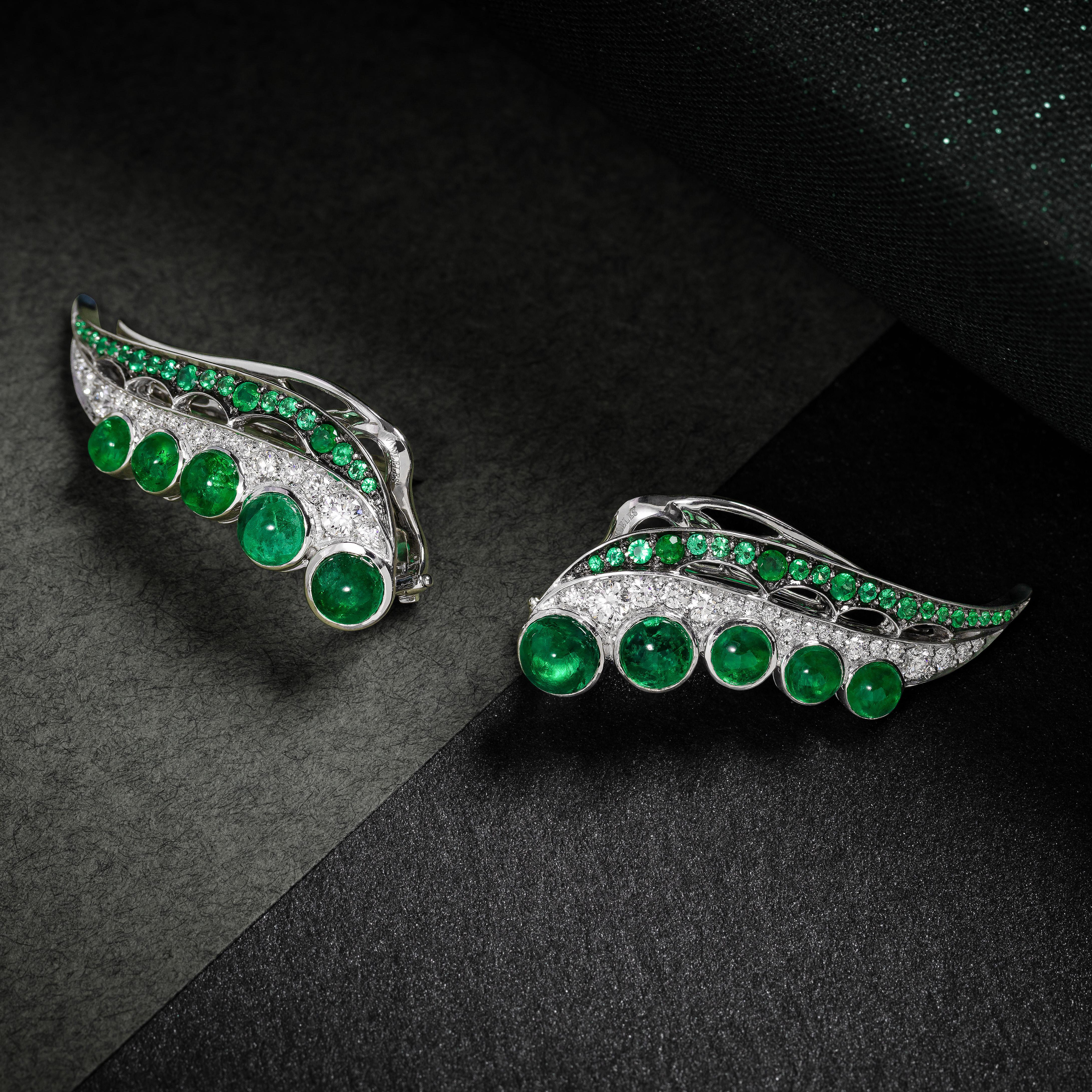 Cabochon 18 Karat White Gold, White Diamonds and Ethically Sourced Emeralds Earrings