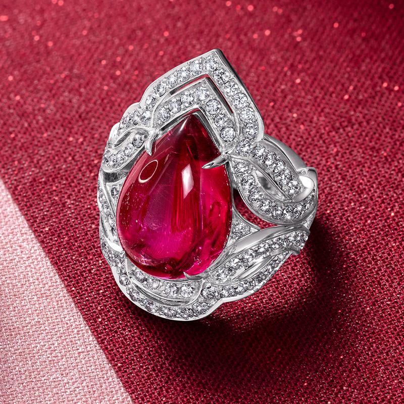 Cabochon 18 Karat White Gold, White Diamonds and Rubellite Cocktail Ring For Sale
