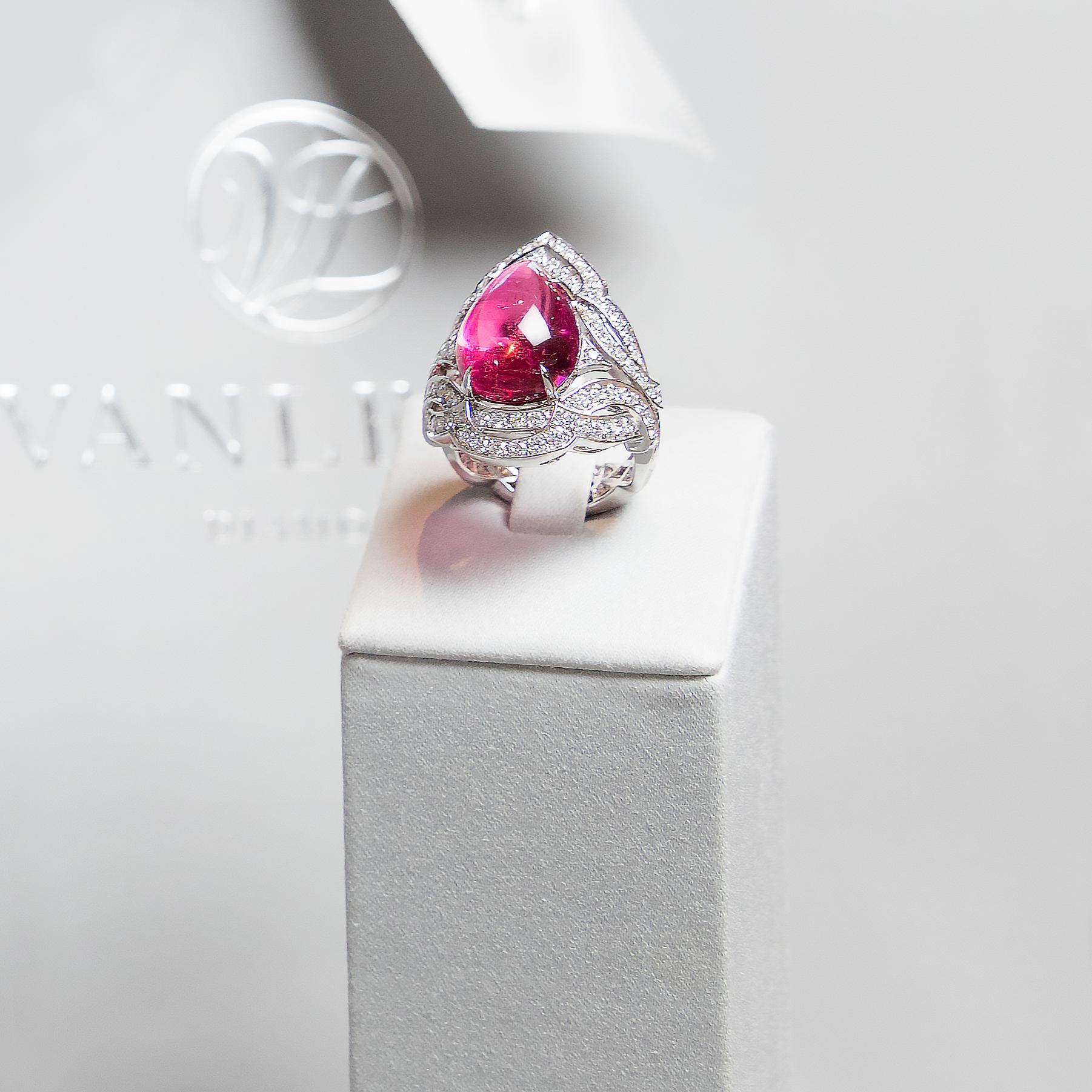 Women's 18 Karat White Gold, White Diamonds and Rubellite Cocktail Ring For Sale