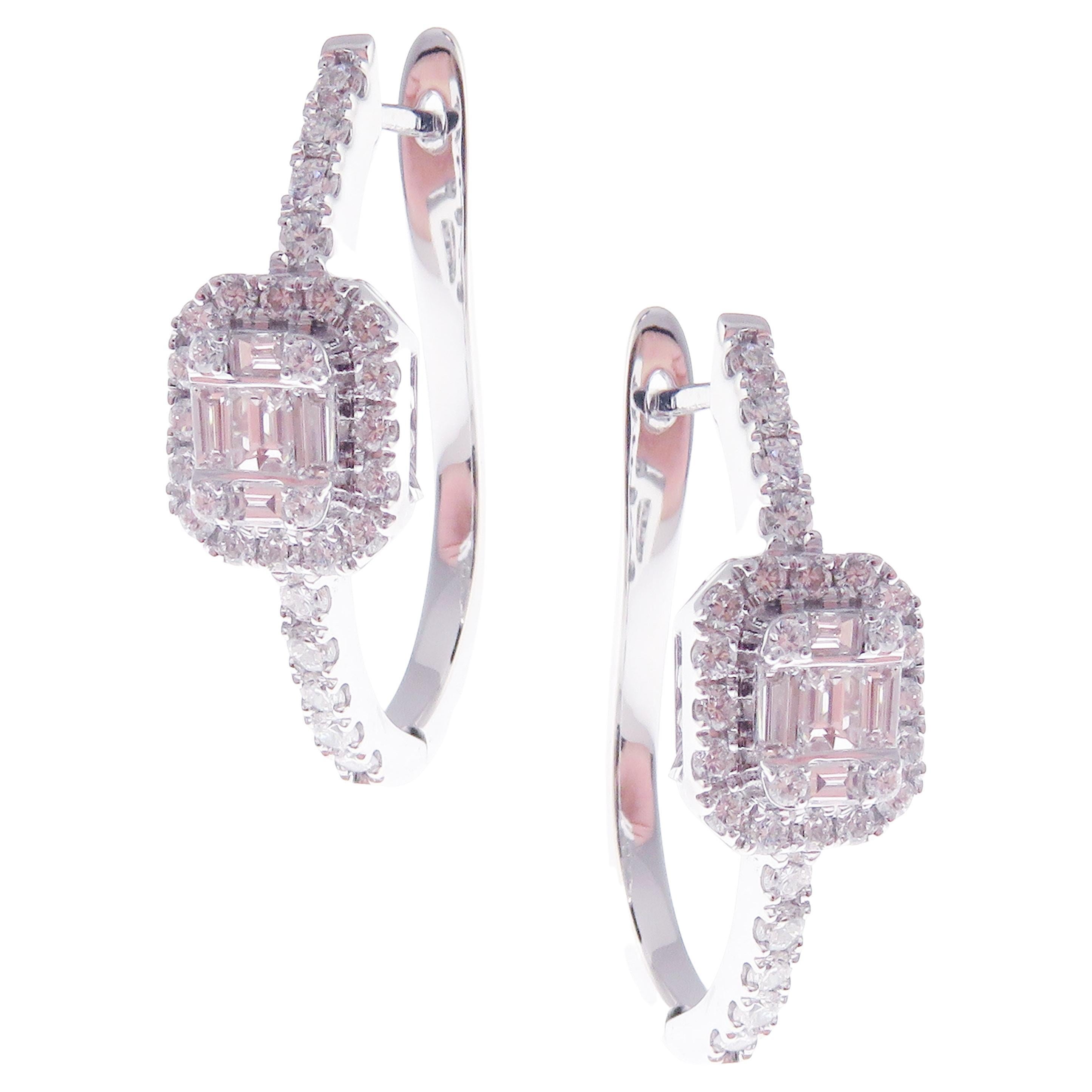 18-Karat White Gold White Diamonds Cushion-Shaped Illusion Huggie Earrings For Sale