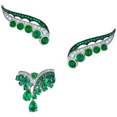 18 Karat White Gold White Diamonds Ethically Sourced Emeralds Earrings and Ring