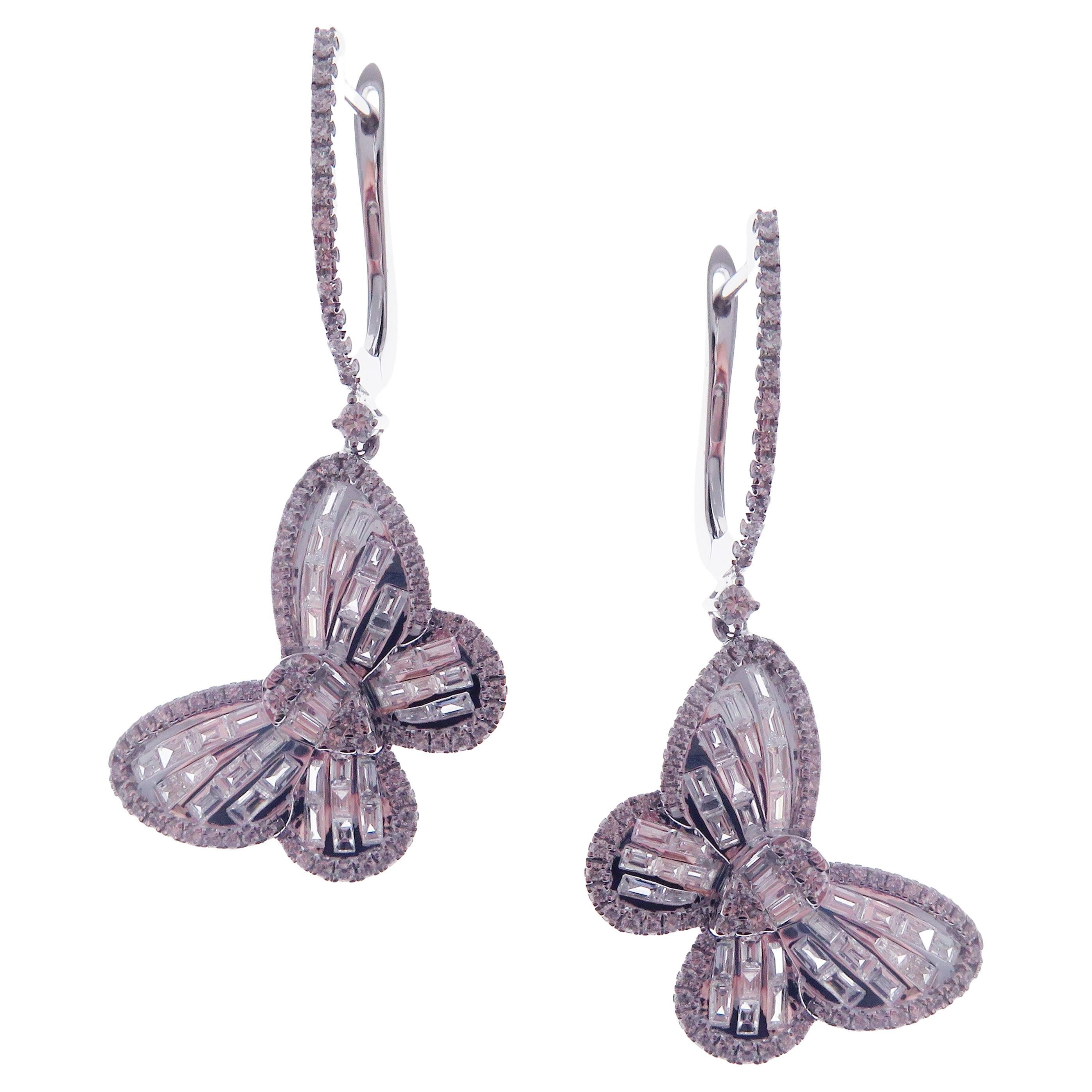 18-Karat White Gold White Round and Baguette Diamonds Butterfly Dangle Earrings For Sale