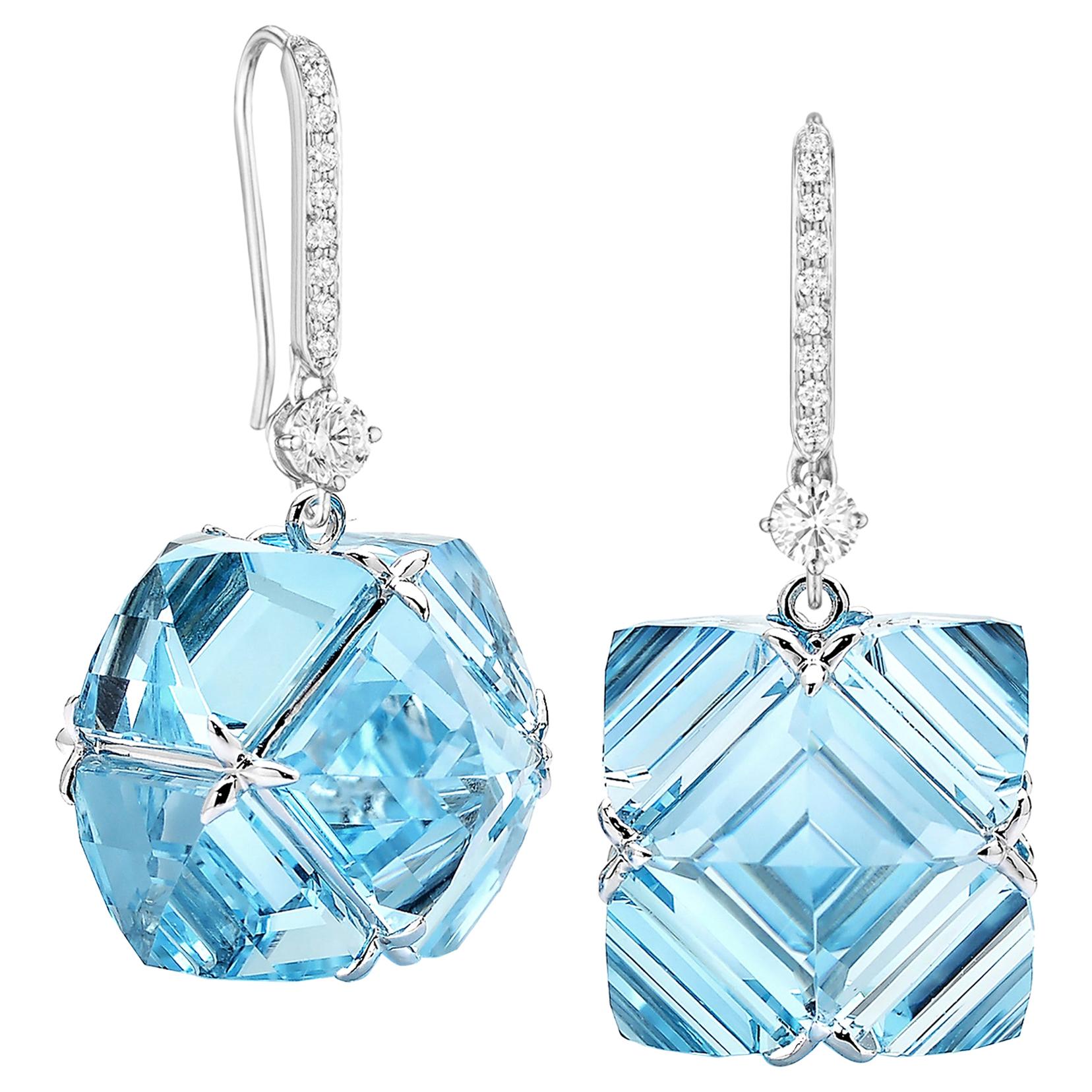 18 Karat White Gold White Sapphire and Blue Topaz Very PC Earrings For Sale
