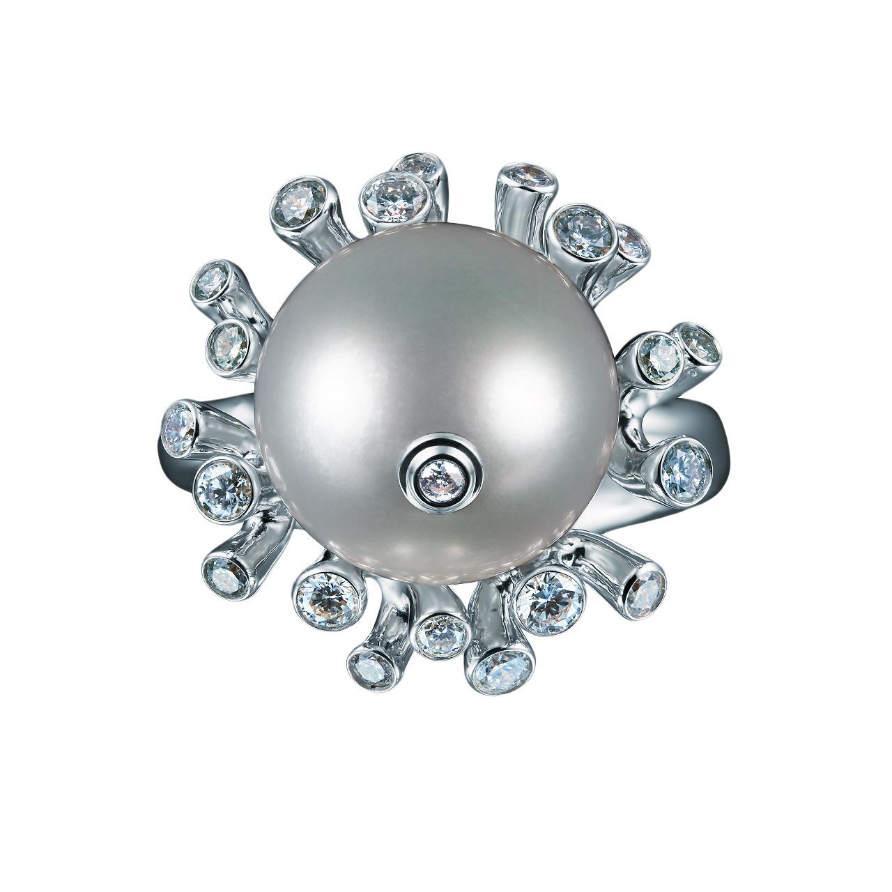 - 22 Round Diamonds - 0.43 ct, E-F/ VS
- 10.8 mm White South Sea pearl
- 18K White Gold 
- Weight: 9.69 g
- Size: 16.5 mm
This elegant ring from the Coral collection of Jewelry Theater features a lustrous white South Sea pearl, surrounded with gold