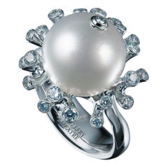 18 Karat White Gold White South Sea Pearl and 0.43 Carat Diamonds Cocktail Ring