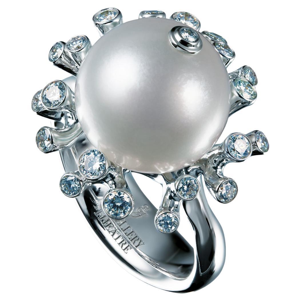 18 Karat White Gold White South Sea Pearl and 0.43 Carat Diamonds Cocktail Ring