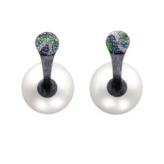 18 Karat White Gold White South Sea Pearls, Diamonds and Sapphire Earrings