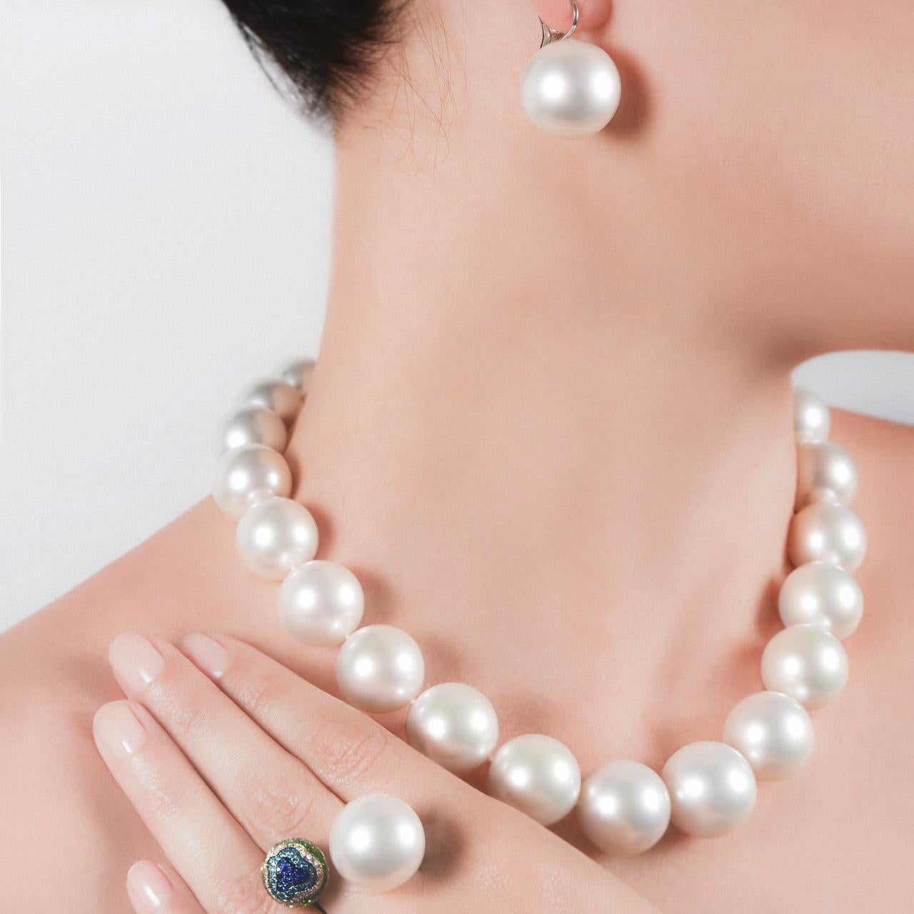 Contemporary 18 Karat White Gold White South Sea Pearls, Diamonds and Sapphire Earrings For Sale