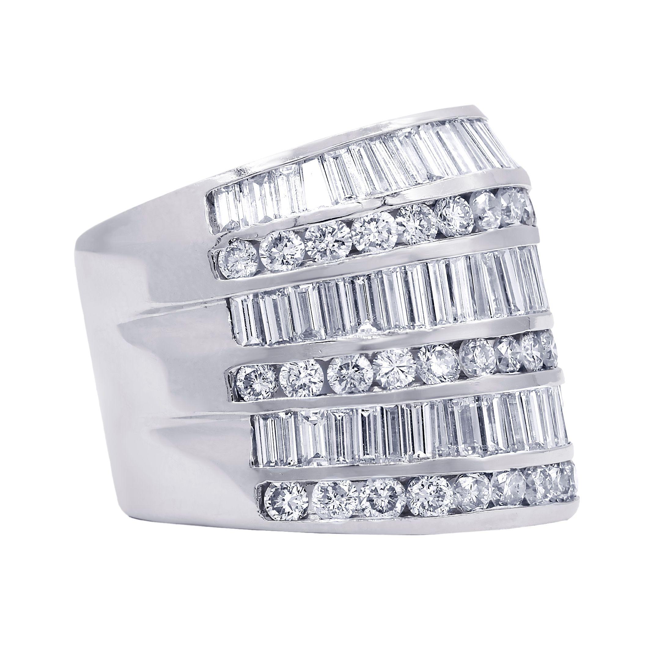 Baguette Cut Diana M. 18 kt White Gold Diamond Fashion Ring Adorned With Alternating Rows  For Sale