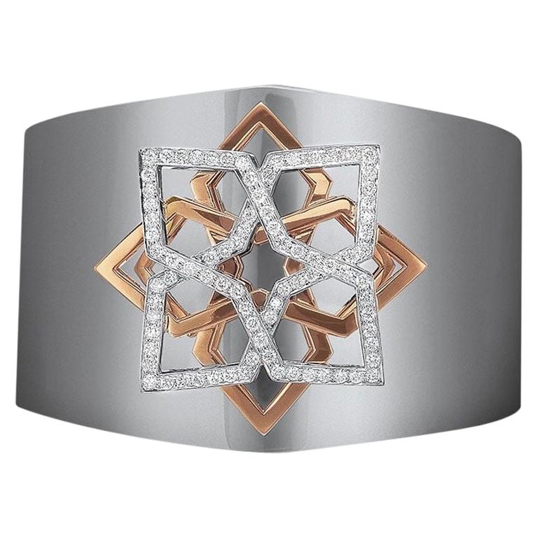 18 Karat White Gold Wide Cuff Bracelet with 1.25 Carat Diamonds and Rose Gold For Sale
