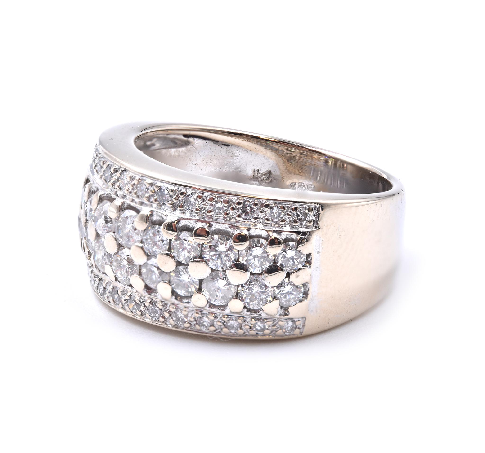 Designer: custom
Material: 18K white gold 
Diamond: 51 round cut = .72cttw
Color: G
Clarity: SI2
Ring size: 7 (please allow two additional shipping days for sizing requests)
Weight:  8.76 grams
