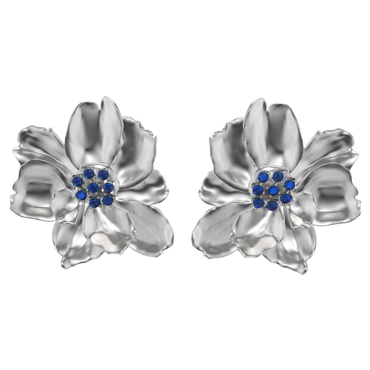 18 Karat White Gold Wild Flower Earrings with Sapphires For Sale