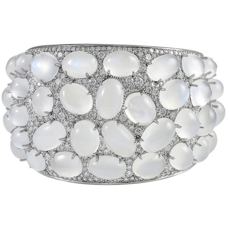 Sophia D. 14.54 Carat Diamond and Moonstone Bangle in White Gold For Sale
