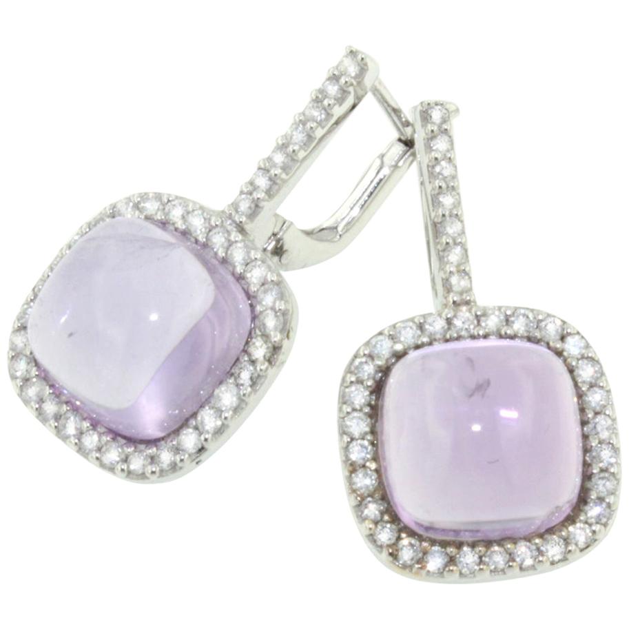 18 Karat White Gold With Amethyst and White Diamond Earrings