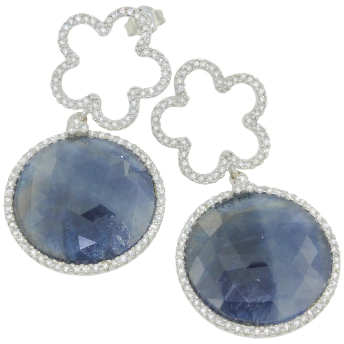 18 Karat White Gold with Blue Sapphire and White Diamonds Earrings