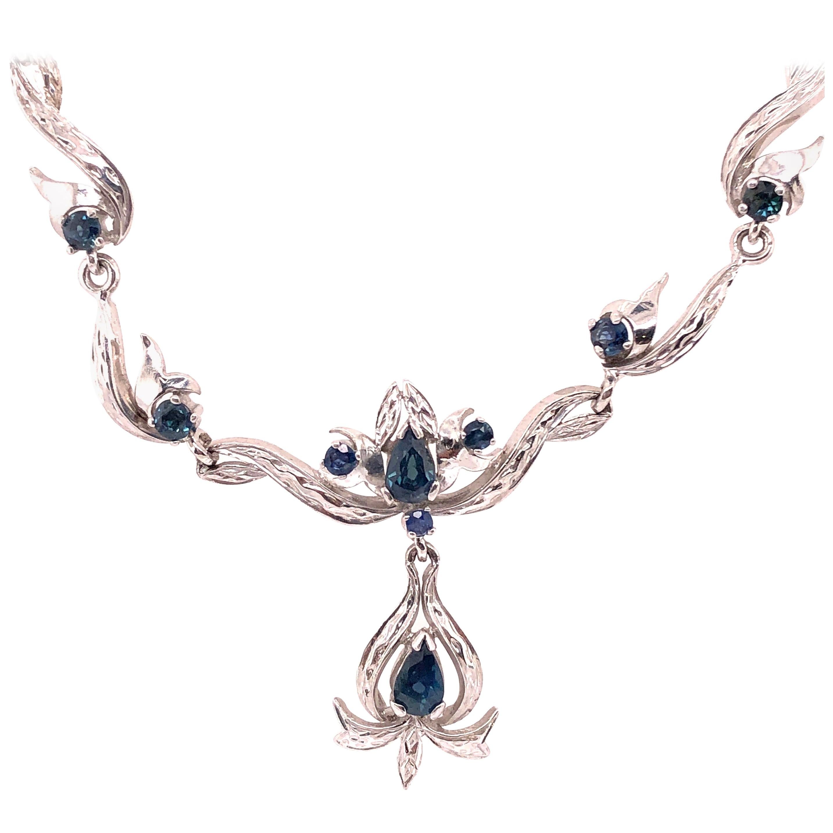 18 Karat White Gold with Blue Sapphire Drop Necklace For Sale