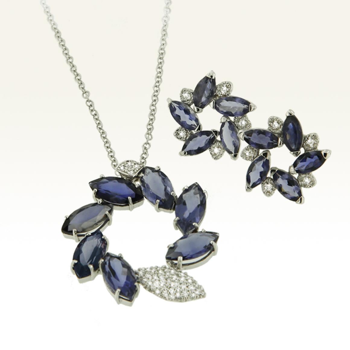 Modern 18 Karat White Gold with Iolite and White Diamonds Chain with Pendant For Sale