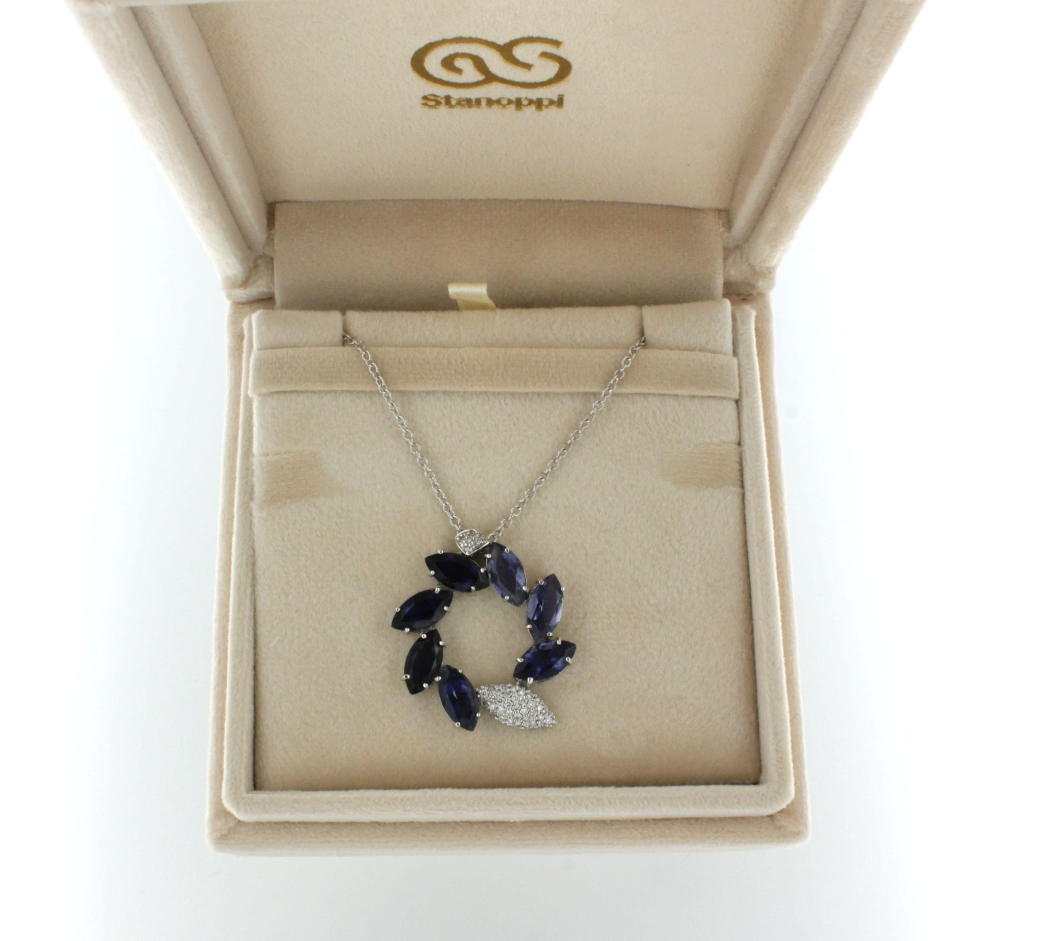 18 Karat White Gold with Iolite and White Diamonds Chain with Pendant For Sale 1