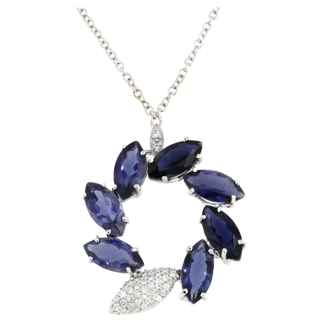 18 Karat White Gold with Iolite and White Diamonds Chain with Pendant For Sale