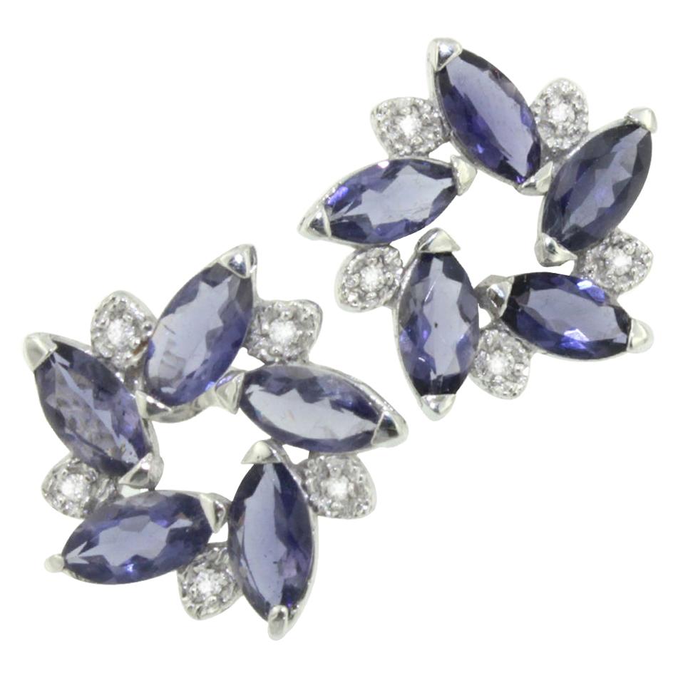 18 Karat White Gold with Iolite and White Diamonds Earrings For Sale