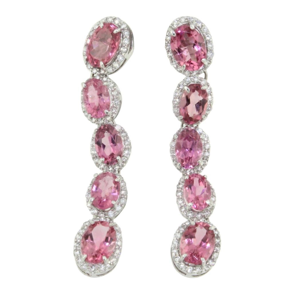 18 Karat White Gold with Pink Tourmaline and White Diamond Earrings For Sale