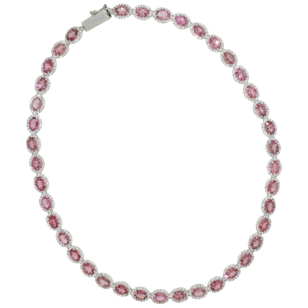 18 Karat White Gold with Pink Tourmaline and White Diamond Necklace