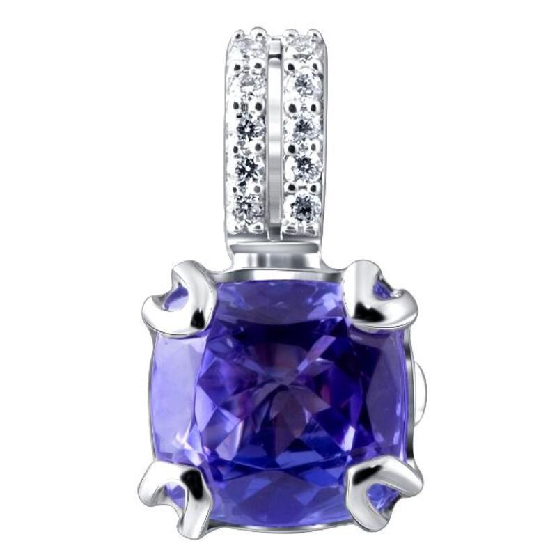 Cushion Cut 18 Karat White Gold with Tanzanite and Diamonds Pendant for Necklace For Sale